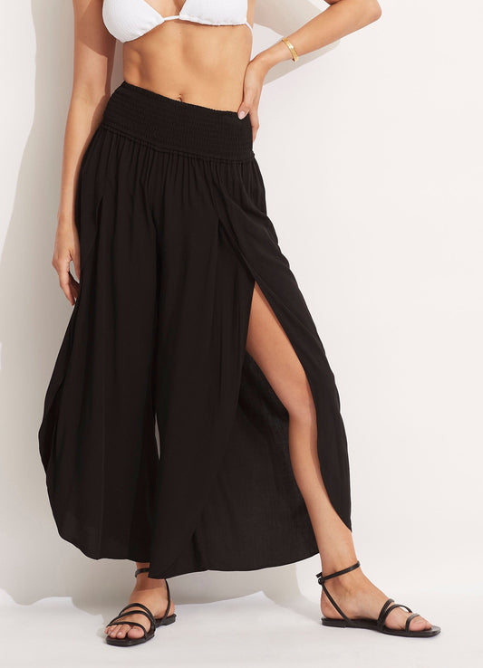 Shirred Waist Wrap Pant - Black
