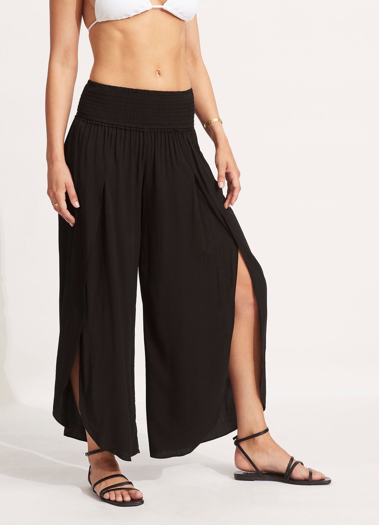 Shirred Waist Wrap Pant - Black