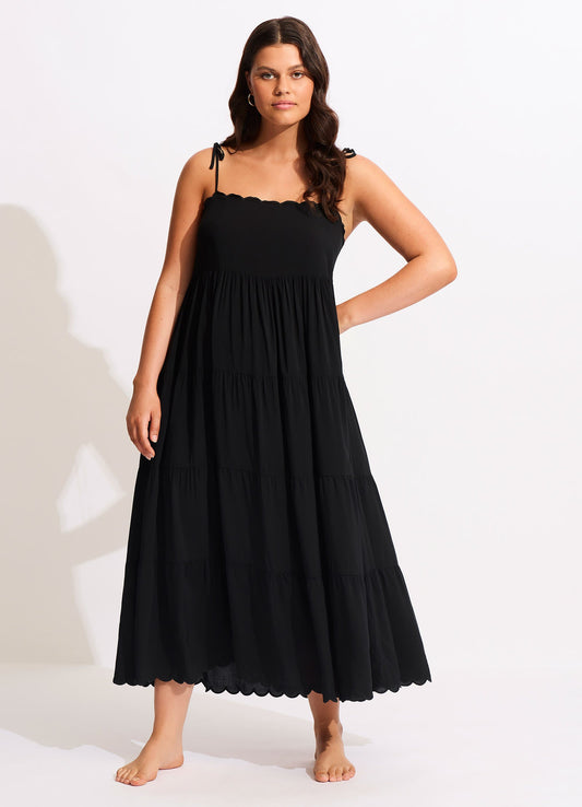 Gia Scallop Midi Dress - Black